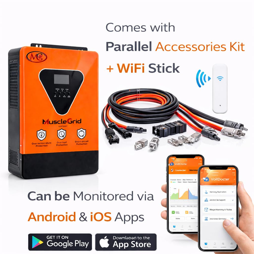MuscleGrid Titan Series 6.2kW Hybrid Solar Inverter | 48V System | 120A Battery Charger | 27A PV Input | Up to 9kW Solar Support | Parallel up to 9 Inverters | WiFi Monitoring | VoltDoctor Support App