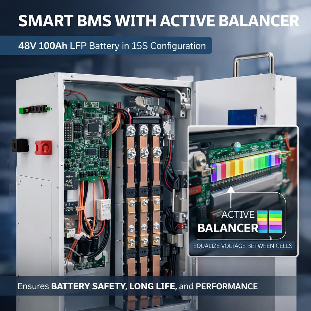 48V 100Ah LiFePO4 Battery (15 Cells) with Smart BMS & Active Balancer | RS485 & CAN Communication | 50 Years Life | 5 Year Warranty