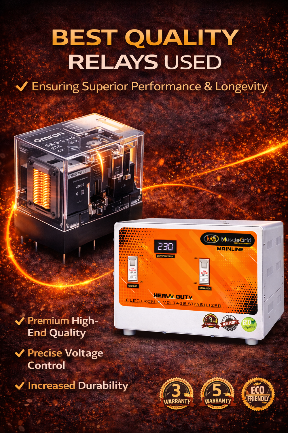 MuscleGrid 10KVA Heavy Duty Mainline Voltage Stabilizer (90V–300V) | 40 Amp | Whole House Protection | Floor Mount | 3 Year Warranty