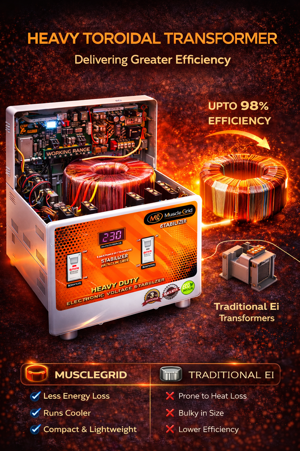 MuscleGrid 5KVA Mainline Voltage Stabilizer (50V–300V) | Ultra Wide Range | 20A Heavy Duty | Digital Automatic