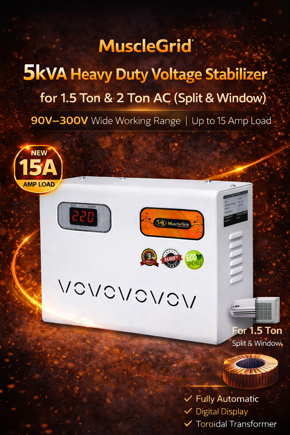 MuscleGrid 5KVA AC Stabilizer (90V–300V) | Up to 2 Ton AC | Digital Display | Wall Mount | Heavy Duty Voltage Stabilizer