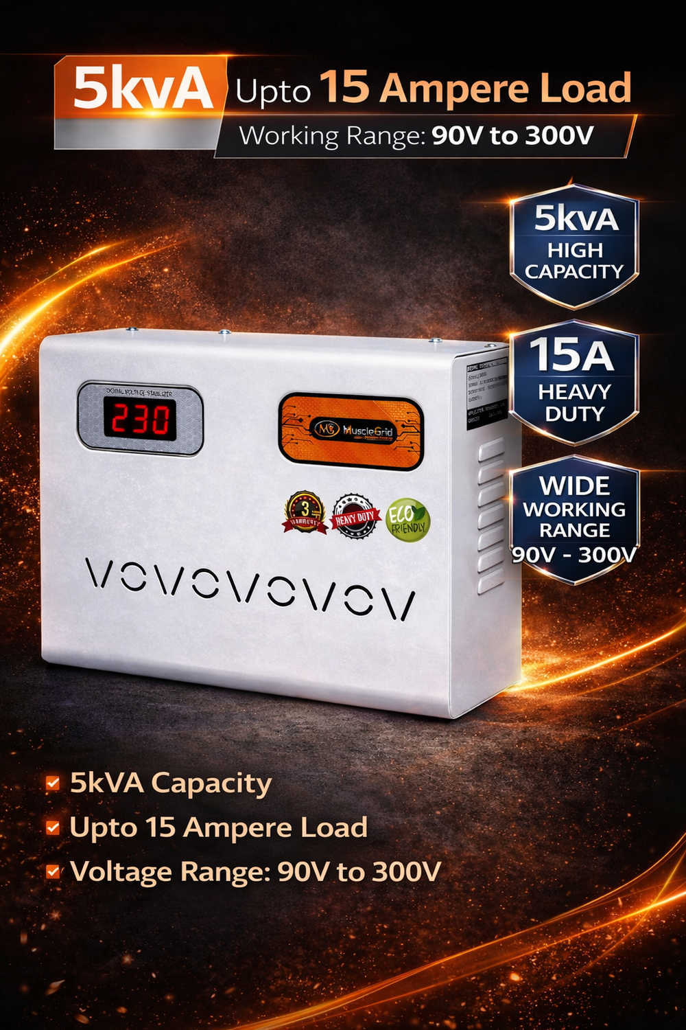 MuscleGrid 5KVA AC Stabilizer (90V–300V) | Up to 2 Ton AC | Digital Display | Wall Mount | Heavy Duty Voltage Stabilizer