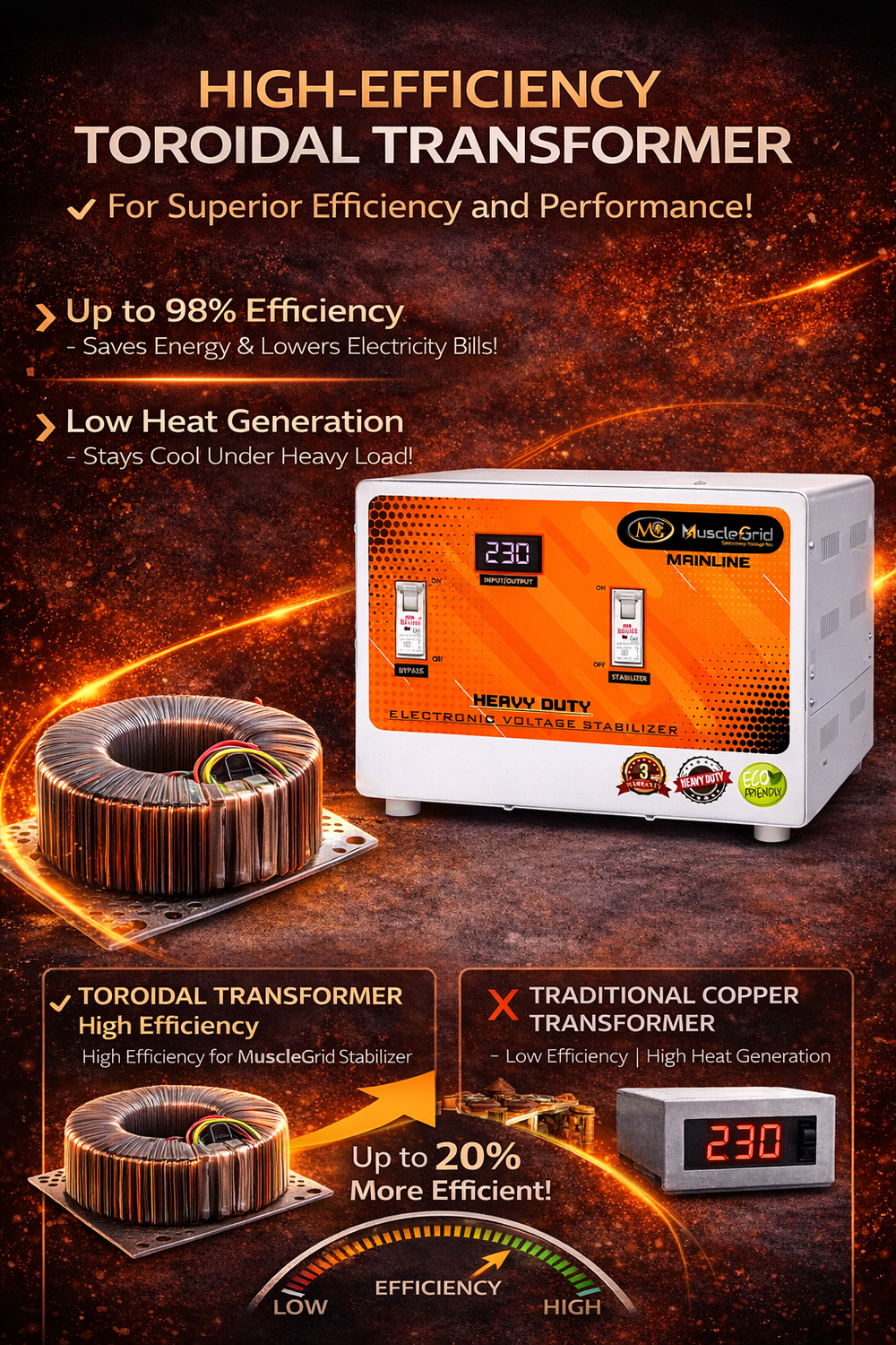 MuscleGrid 10KVA Heavy Duty Mainline Voltage Stabilizer (90V–300V) | 40 Amp | Whole House Protection | Floor Mount | 3 Year Warranty