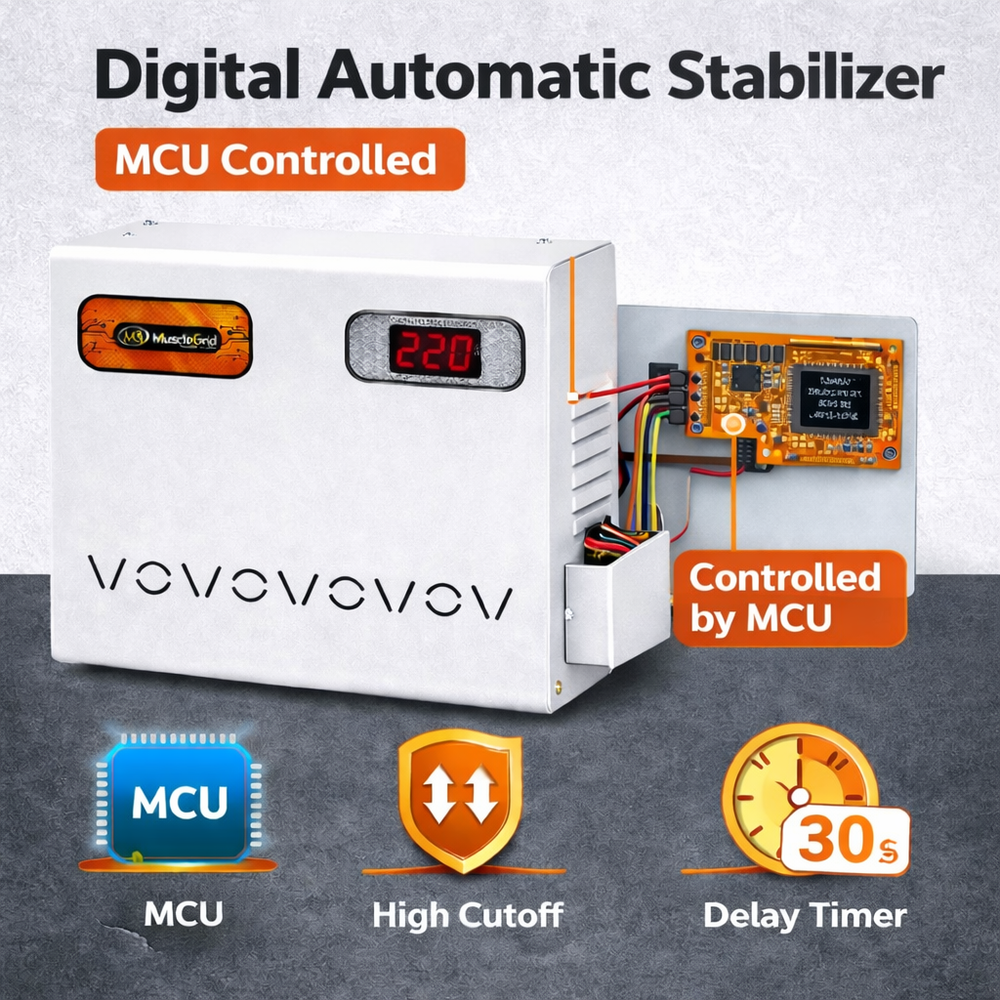 MuscleGrid 5KVA Mainline Voltage Stabilizer (90V–300V) | 20A Load | Digital Automatic | Heavy Duty