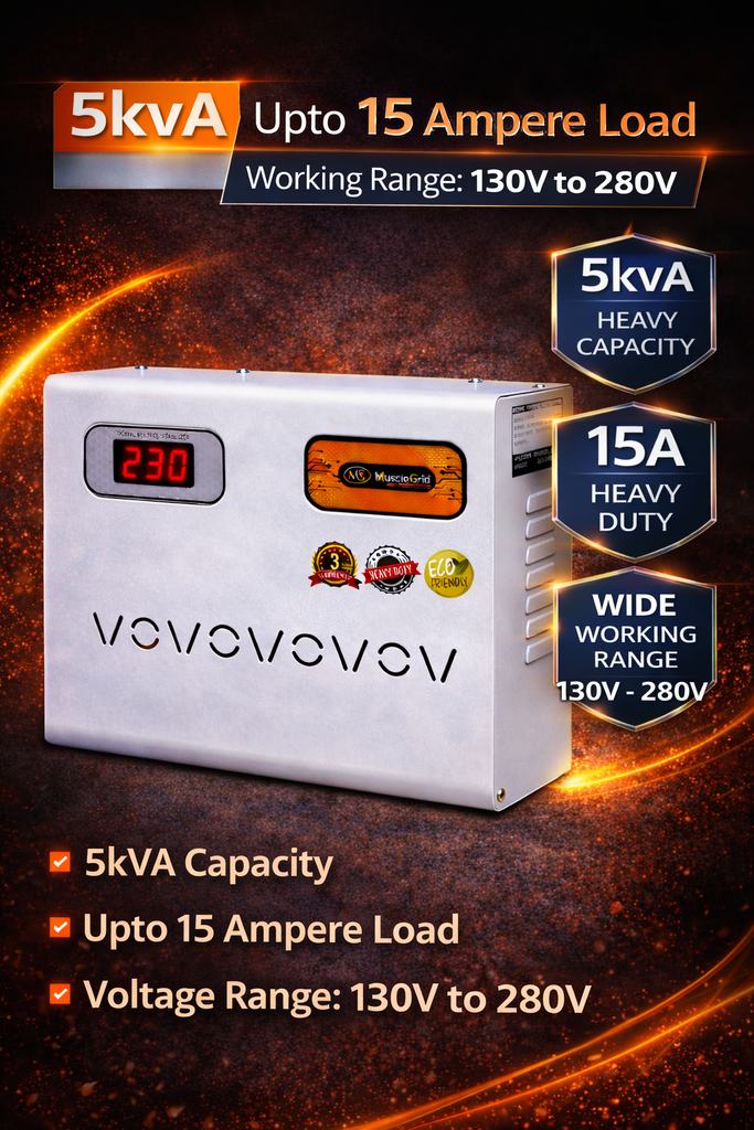 MuscleGrid 5KVA Voltage Stabilizer for AC (130V–280V) | Digital Automatic | Up to 2 Ton | Wall Mounted