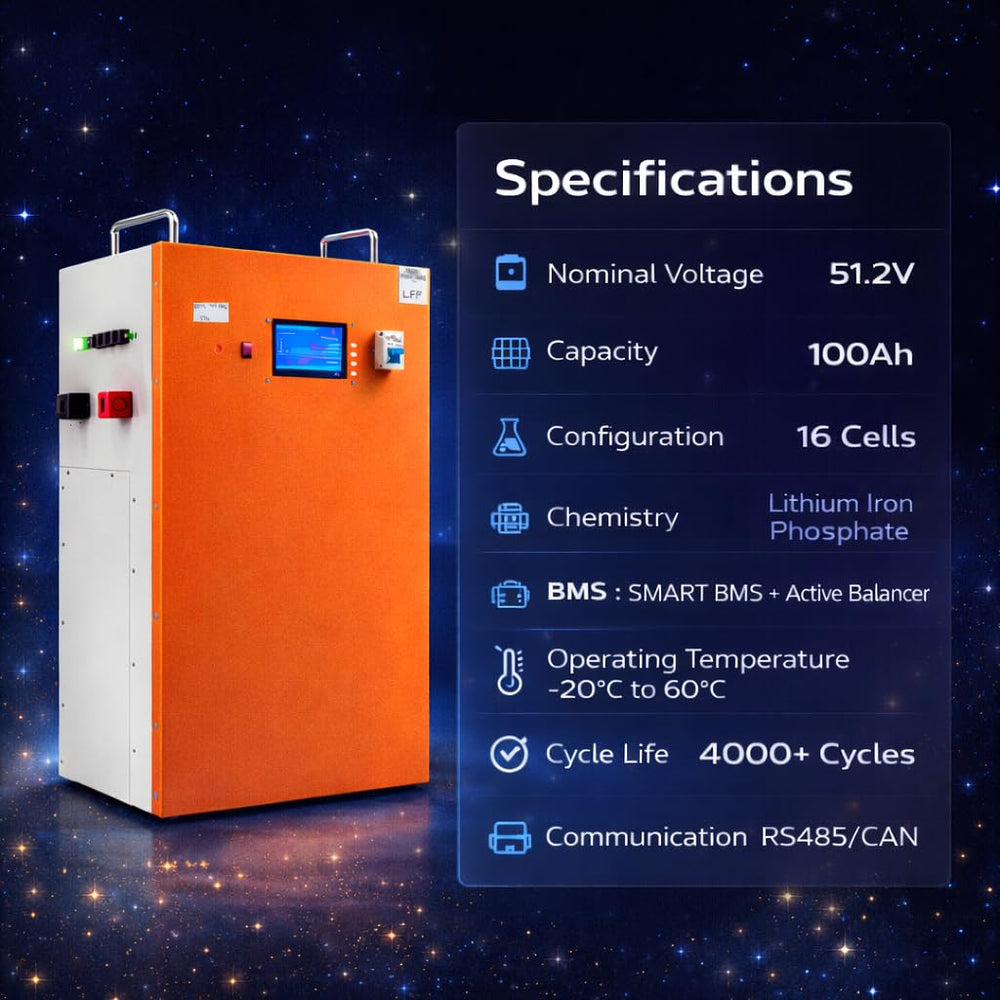 51.2V LiFePO4 Battery with Smart BMS & Active Balancer | RS485 & CAN Communication | 50 Years Life | 5 Year Warranty (100AH)