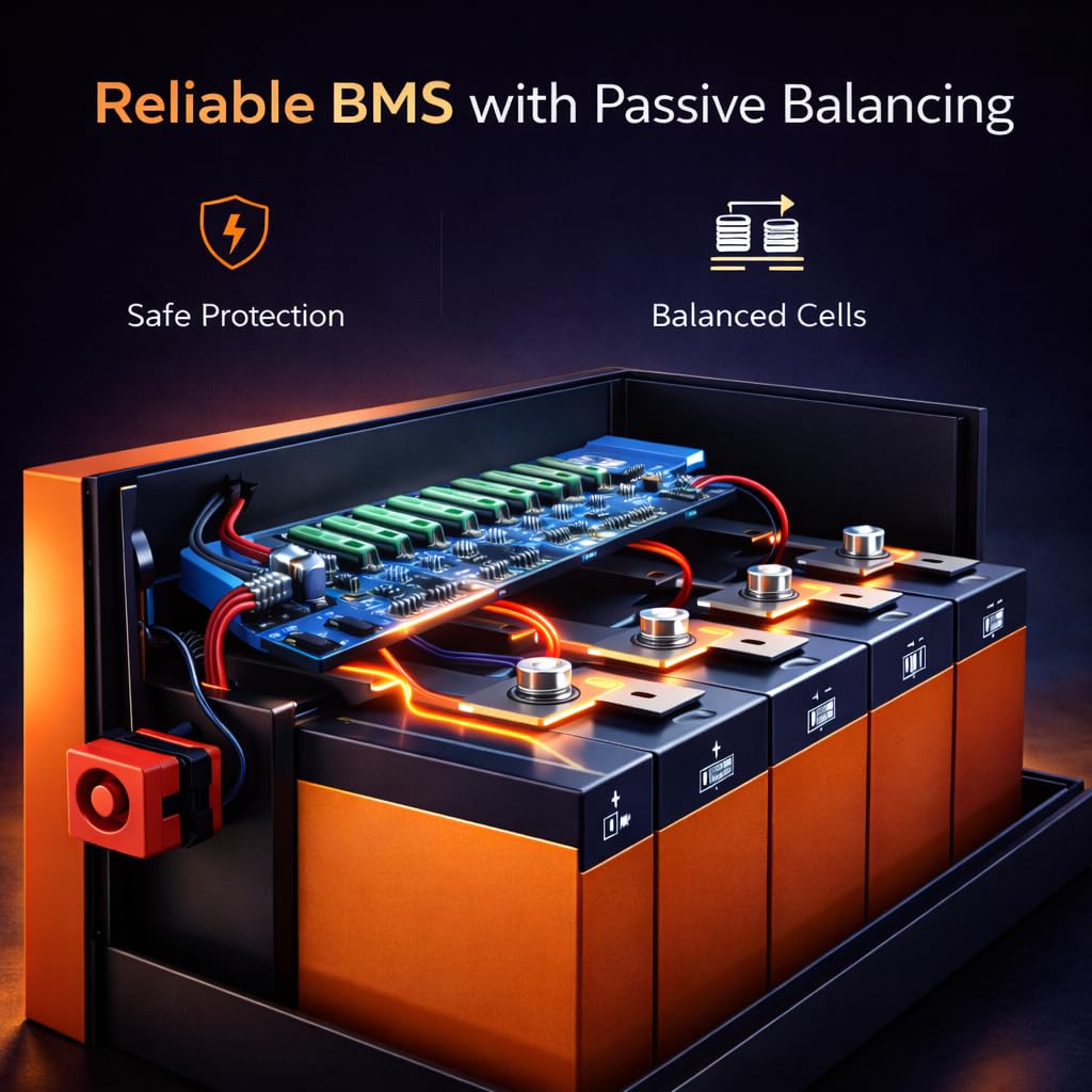 12V 100Ah LiFePO4 Battery | 4 Cells in Series | Built-in BMS with Passive Balancing | Long Life 15 Years | 5-Year Warranty | Solar, Inverter & Backup Power