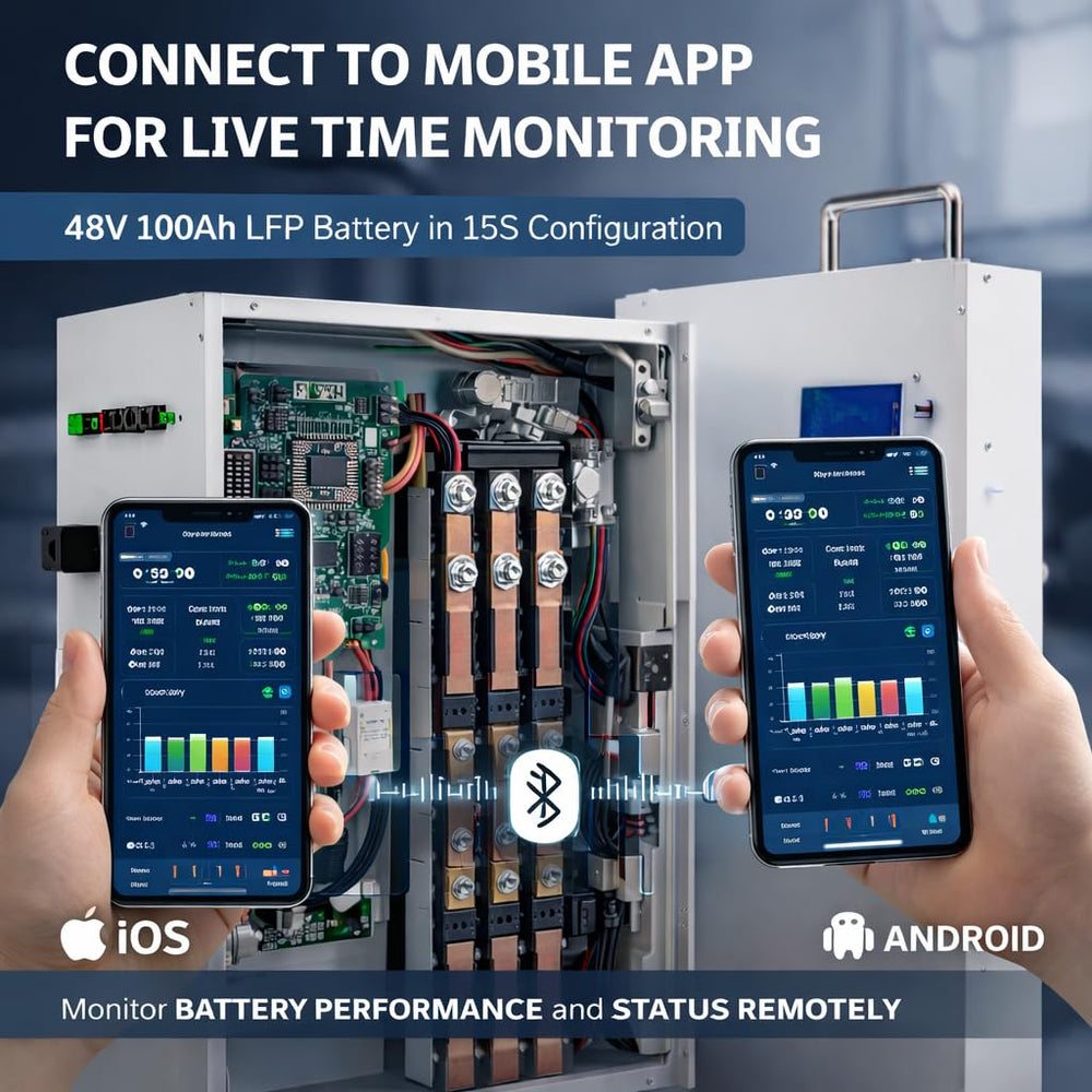 48V 100Ah LiFePO4 Battery (15 Cells) with Smart BMS & Active Balancer | RS485 & CAN Communication | 50 Years Life | 5 Year Warranty