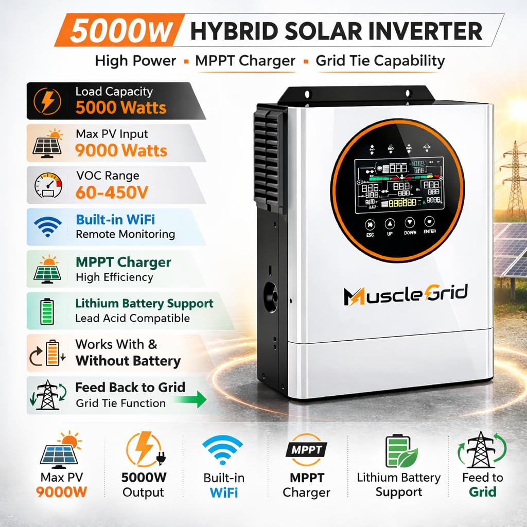 5000W Solar Inverter 24V | 5kW Hybrid MPPT Inverter | 9000W PV Input | WiFi Monitoring | Lithium Battery Compatible | Grid Ready | Model MGH0548