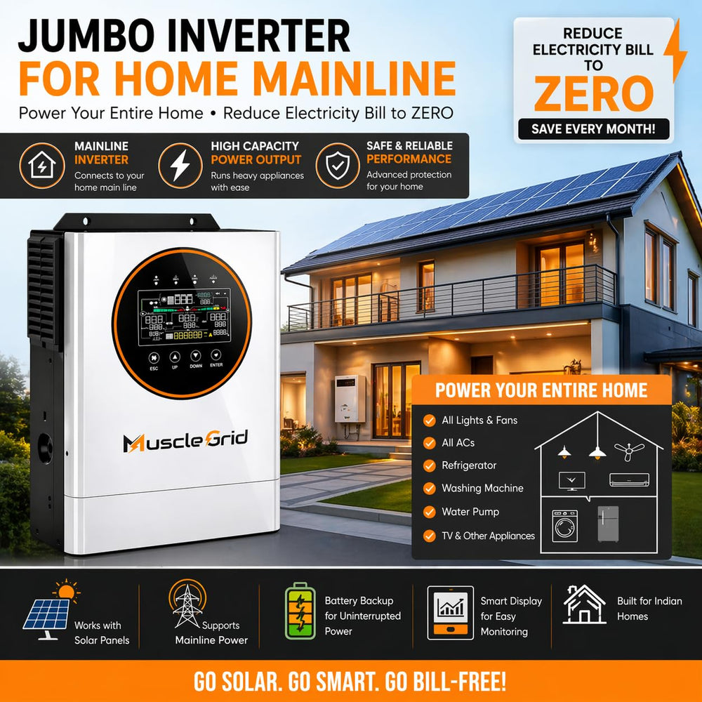 MuscleGrid 12kW Hybrid Solar Inverter for Home Mainline | Supports up to 15kW Solar Panels | Runs 5 ACS + Full House Load | Pure Sine Wave | Inbuilt WiFi Monitoring | Big LCD Display