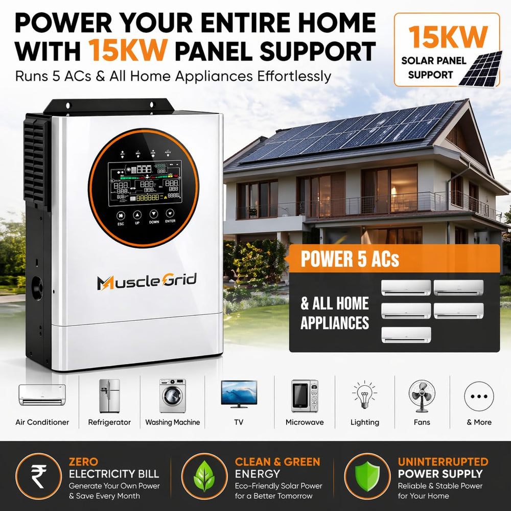 MuscleGrid 12kW Hybrid Solar Inverter for Home Mainline | Supports up to 15kW Solar Panels | Runs 5 ACS + Full House Load | Pure Sine Wave | Inbuilt WiFi Monitoring | Big LCD Display