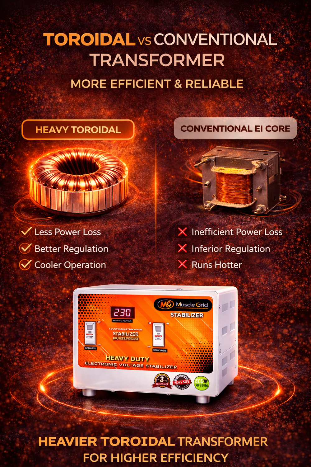 MuscleGrid 5KVA Mainline Voltage Stabilizer (50V–300V) | Ultra Wide Range | 20A Heavy Duty | Digital Automatic