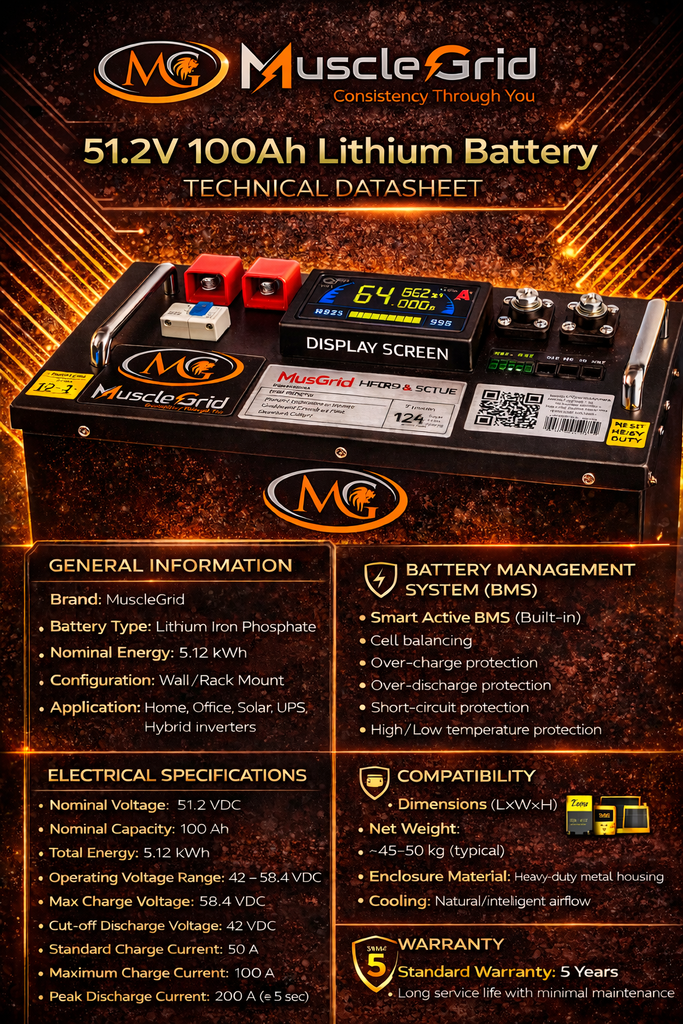 Thunder Pro 51.2V 100Ah LiFePO4 Smart Battery with Display Screen, Active Balancing, Heavy-Duty Design