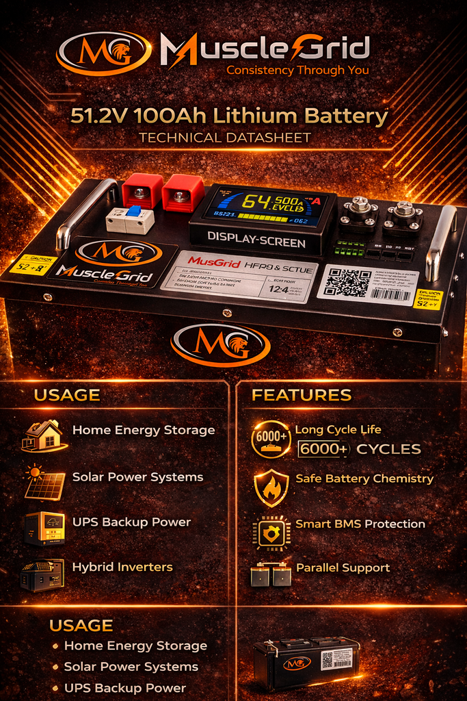 Thunder Pro 51.2V 100Ah LiFePO4 Smart Battery with Display Screen, Active Balancing, Heavy-Duty Design