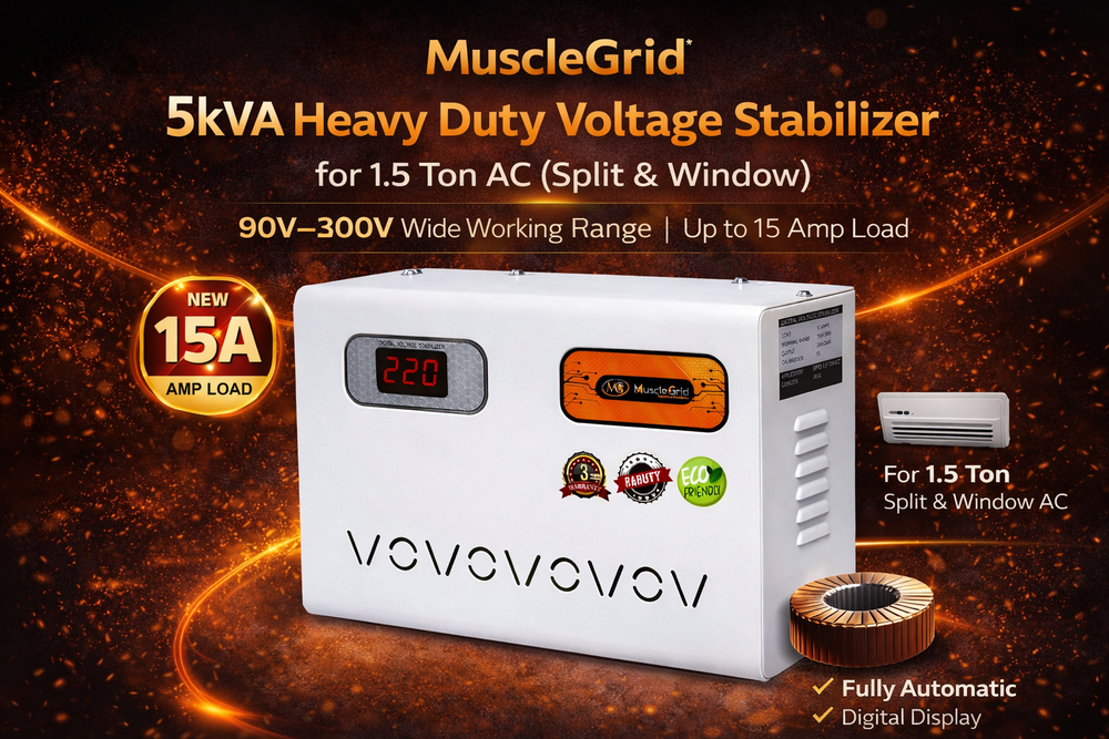 MuscleGrid 5KVA AC Stabilizer (90V–300V) | Up to 2 Ton AC | Digital Display | Wall Mount | Heavy Duty Voltage Stabilizer