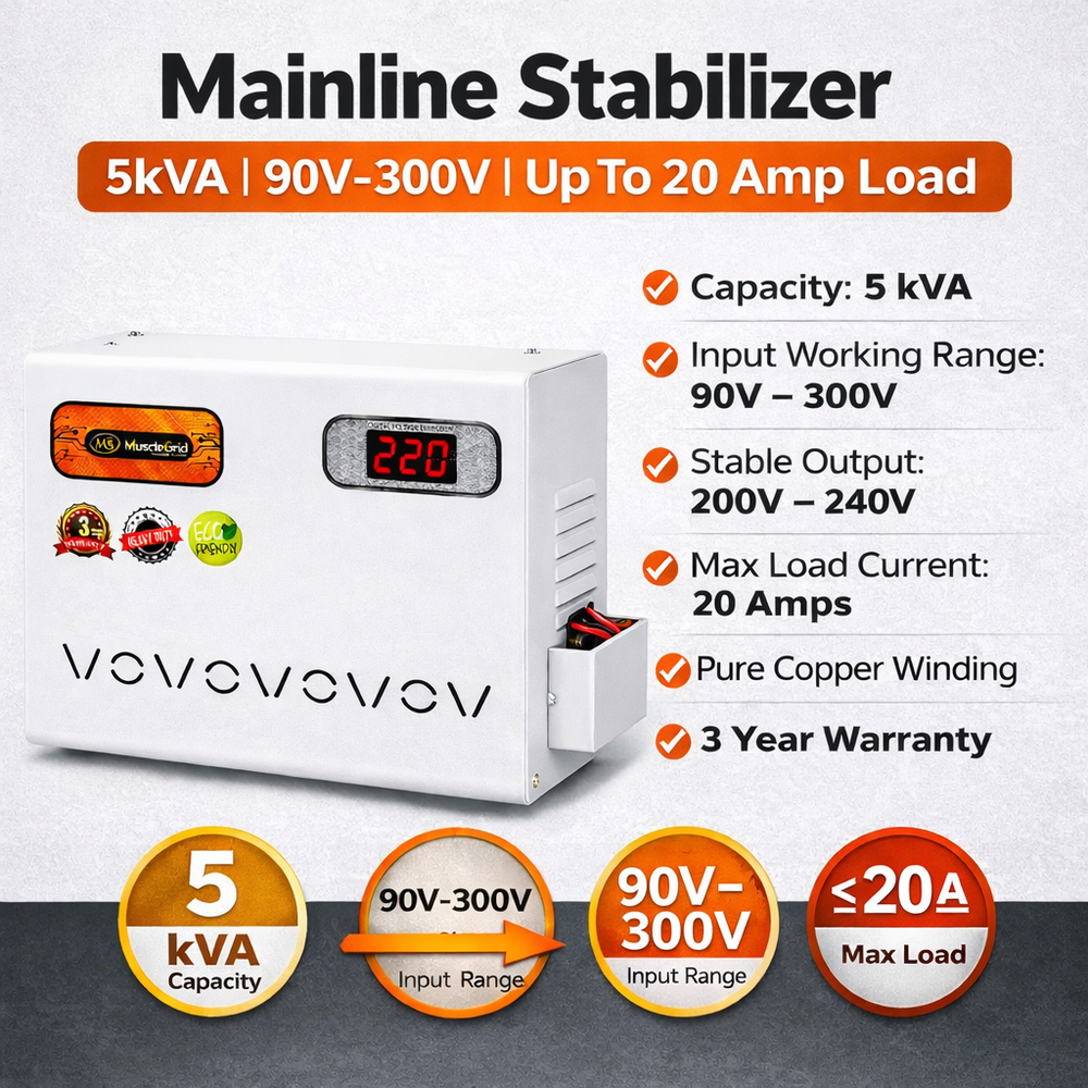 MuscleGrid 5KVA Mainline Voltage Stabilizer (90V–300V) | 20A Load | Digital Automatic | Heavy Duty