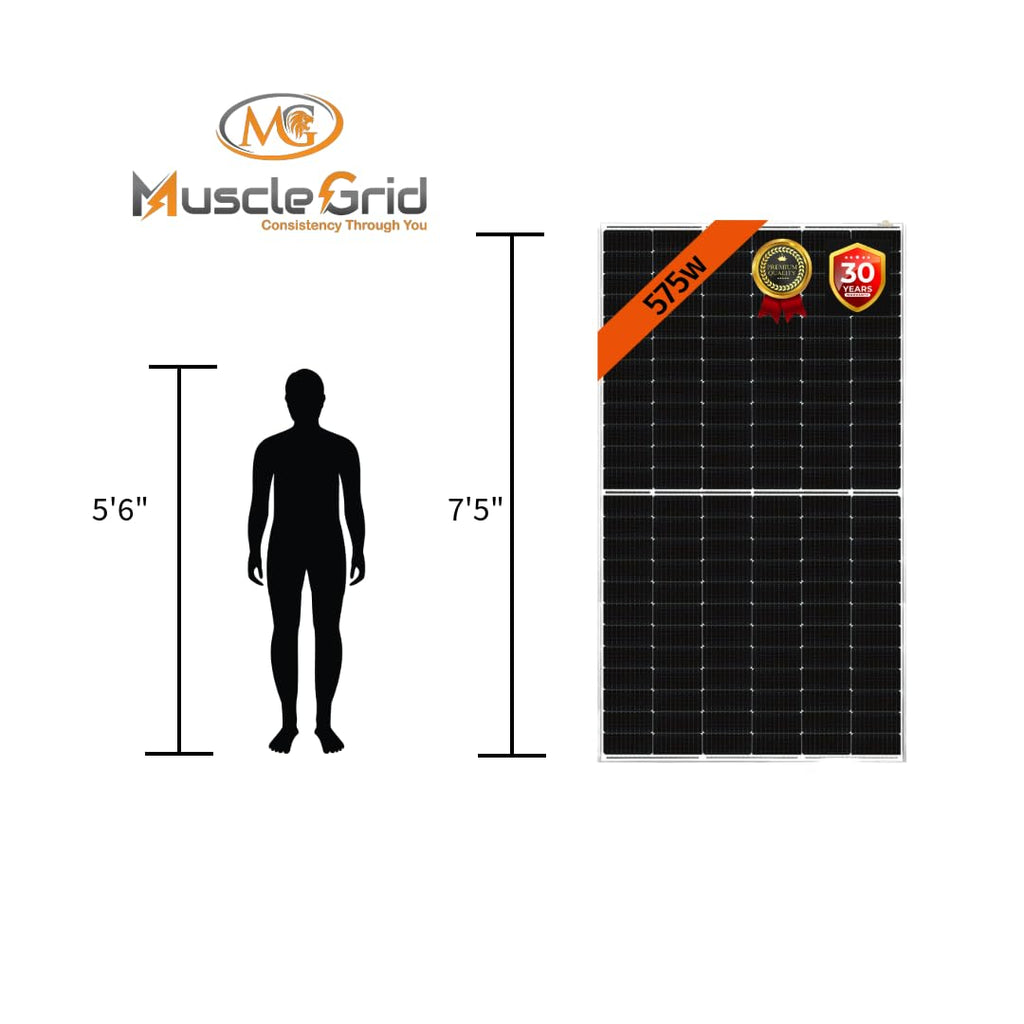 MuscleGrid Plasma (Heavy Duty) Solar Panel 575 Watt (Pack of 4) Halfcut 24 Volts 144 Cells Framed Dual Glass Mono PERC Bifacial Solar Panels Commercial Grade (16 Panels (9200W))