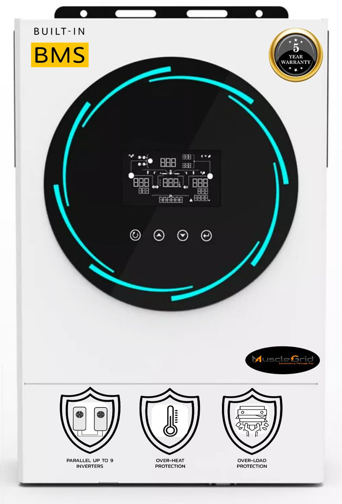 MuscleGrid 6KW Parallel-able Upto 9 Units (Single and Three Phase Both) with Active BMS True Hybrid Solar Inverter 48V Warranty 5 Years (6KW 48V with Kits)