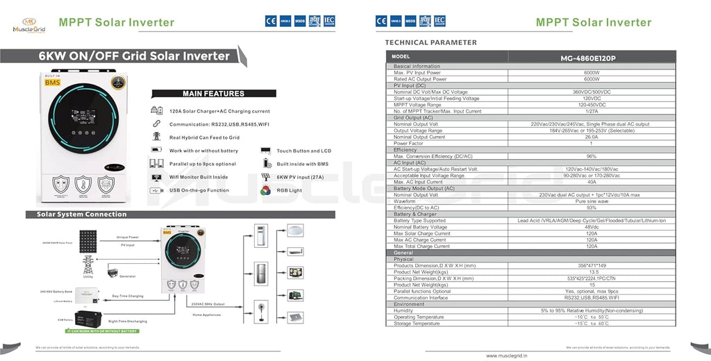 MuscleGrid 6KW Parallel-able Upto 9 Units (Single and Three Phase Both) with Active BMS True Hybrid Solar Inverter 48V Warranty 5 Years (6KW 48V with Kits)